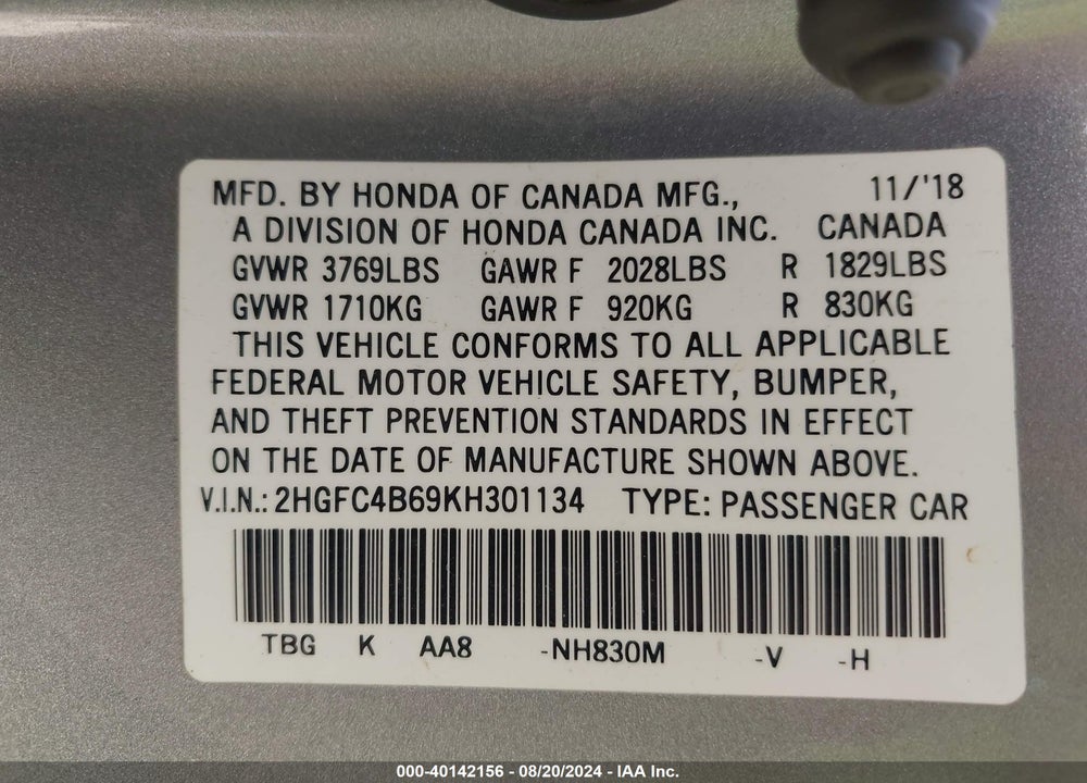 2019 HONDA CIVIC LX VIN: 2HGFC4B69KH301134