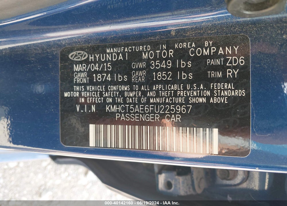 2015 HYUNDAI ACCENT GS VIN: KMHCT5AE6FU225967