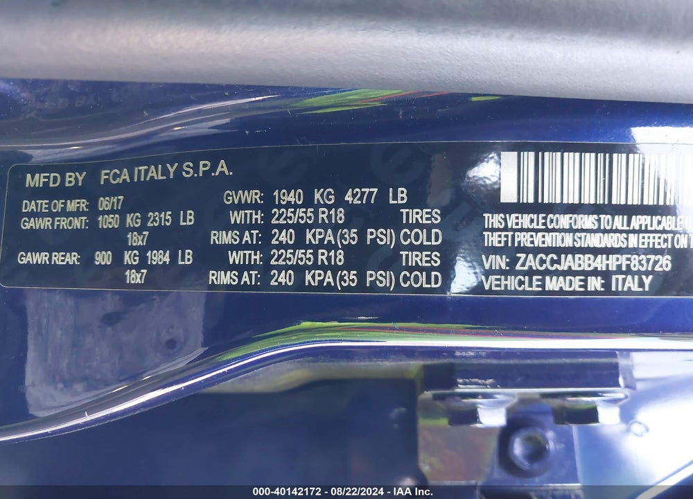 2017 JEEP RENEGADE LATITUDE FWD VIN: ZACCJABB4HPF83726