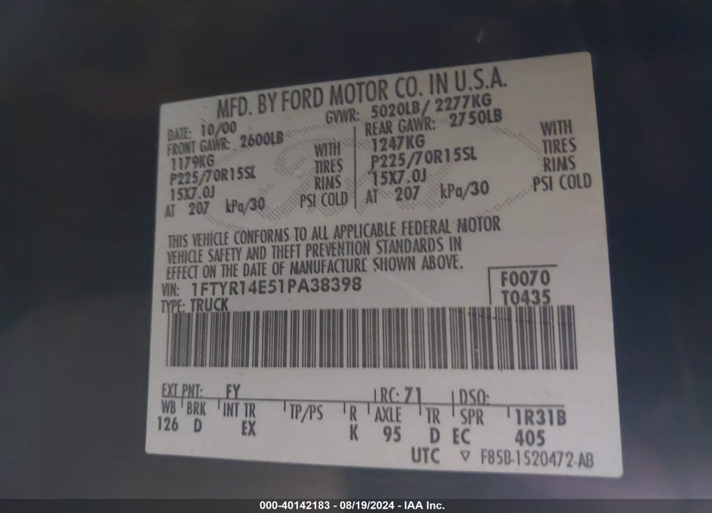2001 FORD RANGER EDGE/XLT VIN: 1FTYR14E51PA38398
