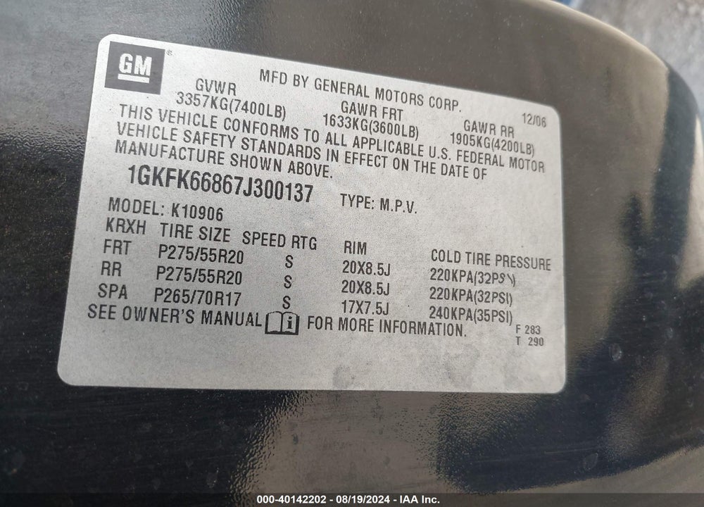 2007 GMC YUKON XL 1500 DENALI VIN: 1GKFK66867J300137