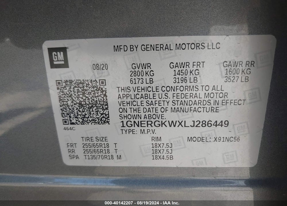 2020 CHEVROLET TRAVERSE FWD LT CLOTH VIN: 1GNERGKWXLJ286449