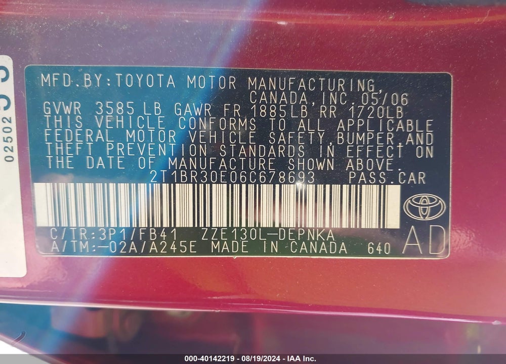 2006 TOYOTA COROLLA LE VIN: 2T1BR30E06C678693