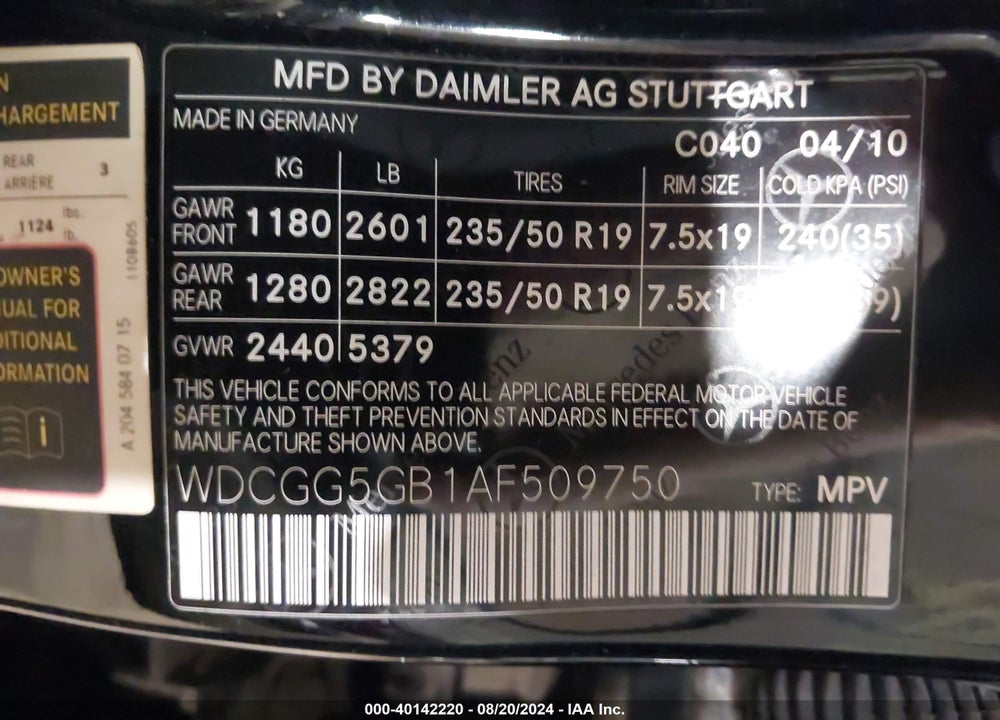 2010 MERCEDES-BENZ GLK 350 VIN: WDCGG5GB1AF509750