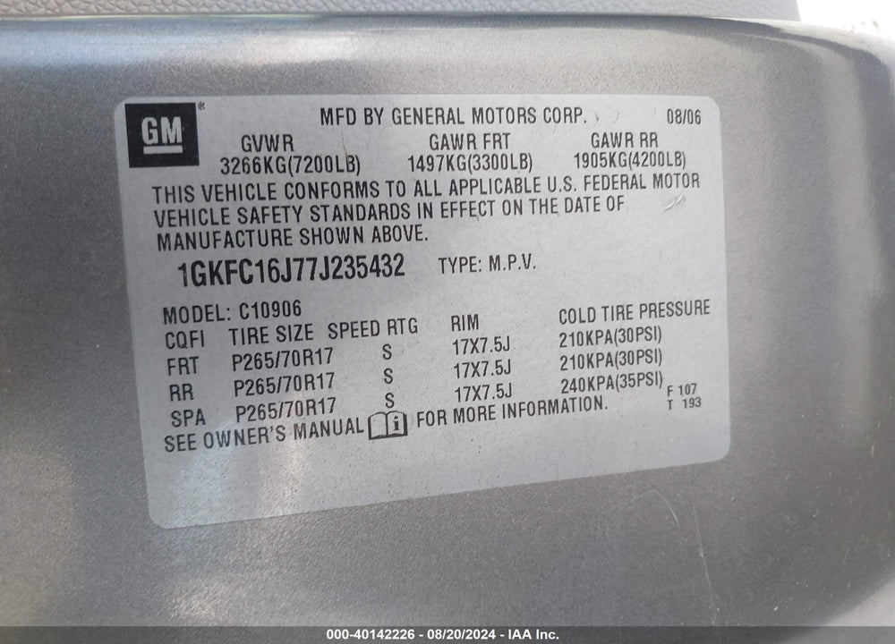 2007 GMC YUKON XL 1500 COMMERCIAL FLEET VIN: 1GKFC16J77J235432