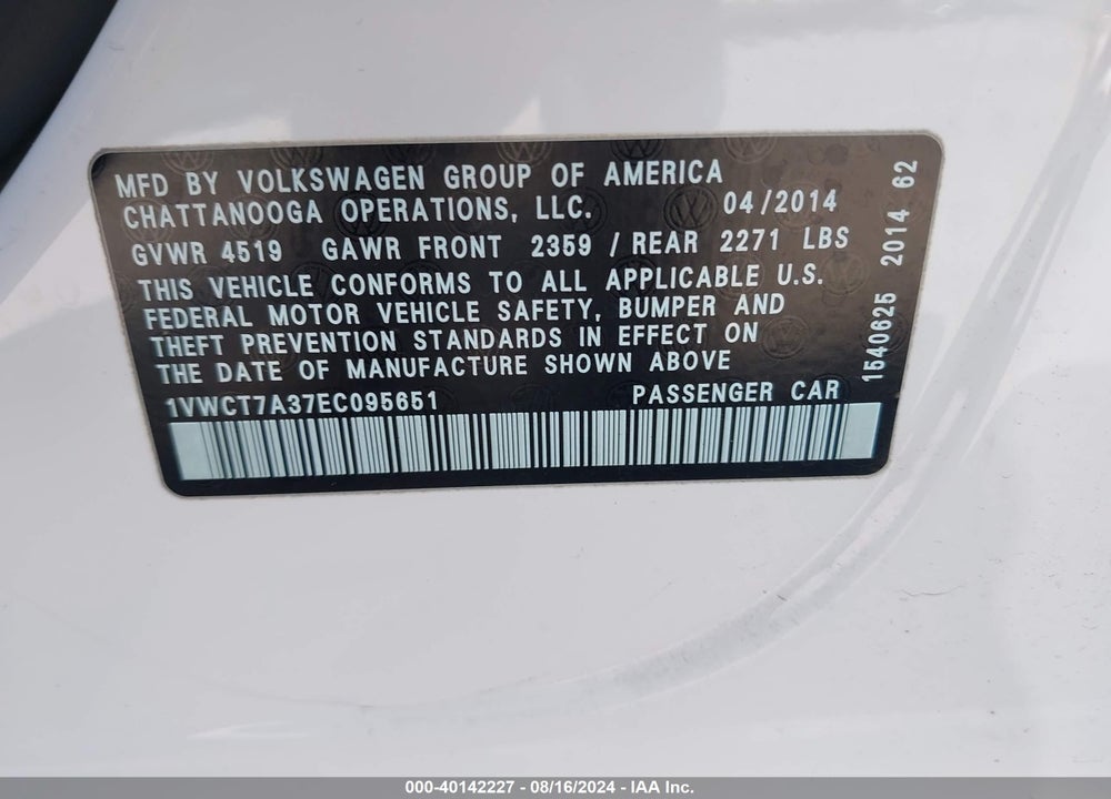 2014 VOLKSWAGEN PASSAT 1.8T SEL PREMIUM VIN: 1VWCT7A37EC095651