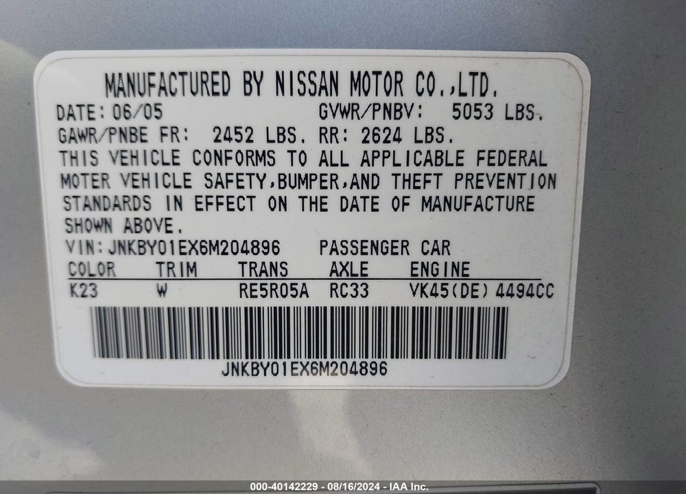 2006 INFINITI M45 SPORT VIN: JNKBY01EX6M204896
