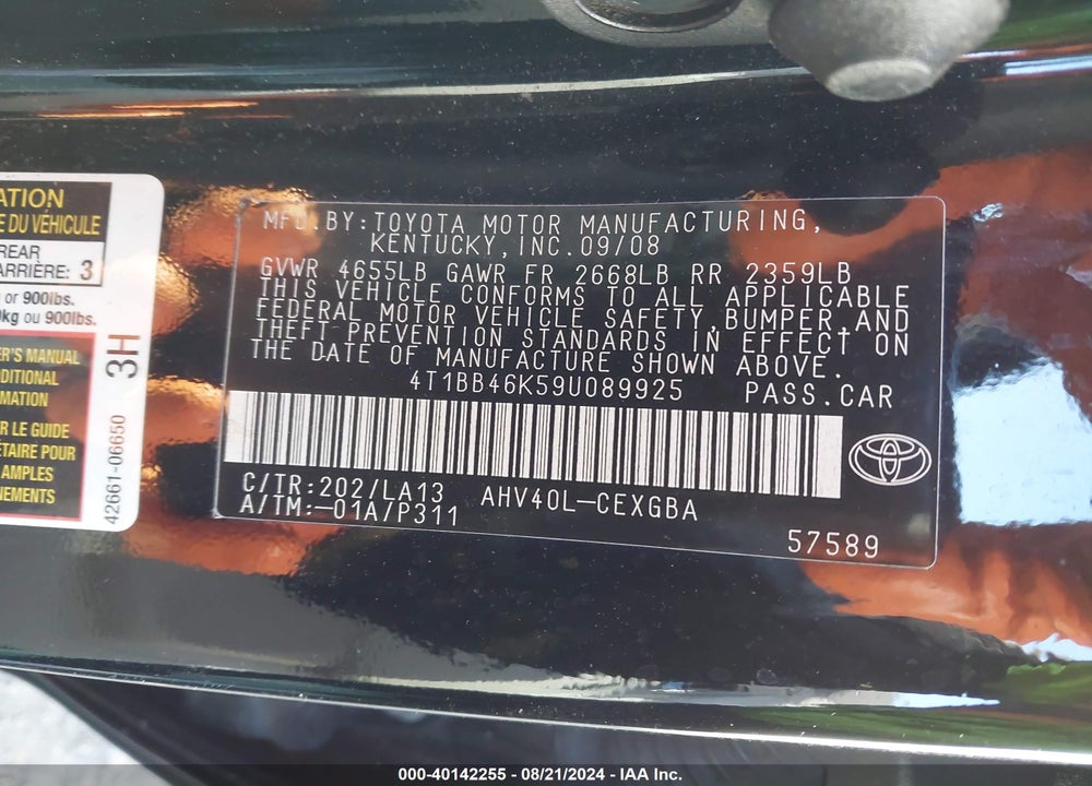 2009 TOYOTA CAMRY HYBRID VIN: 4T1BB46K59U089925