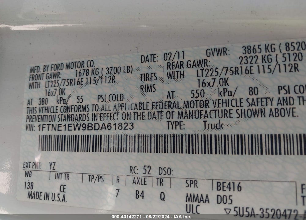 2011 FORD E-150 COMMERCIAL VIN: 1FTNE1EW9BDA61823