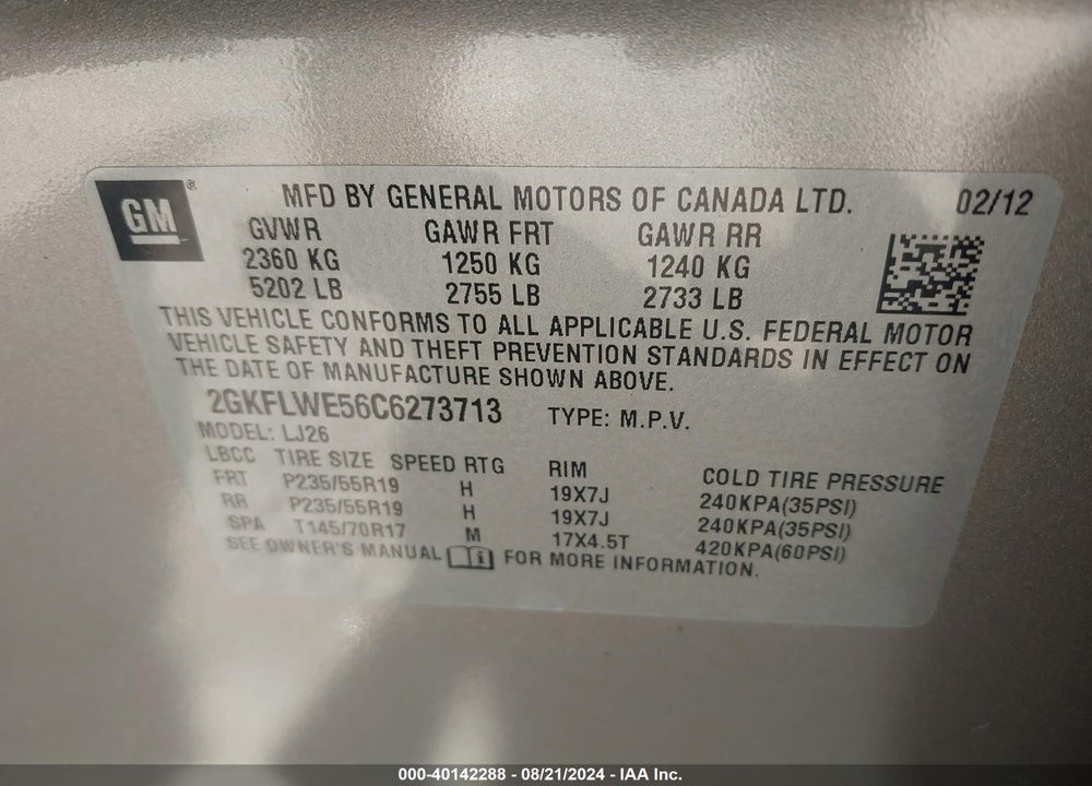 2012 GMC TERRAIN SLT-2 VIN: 2GKFLWE56C6273713