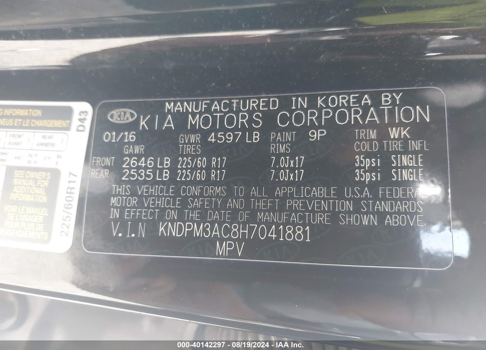 2017 KIA SPORTAGE LX VIN: KNDPM3AC8H7041881