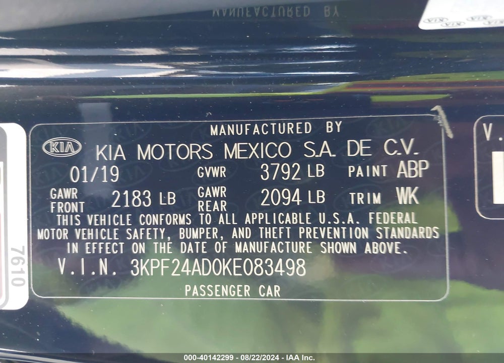 2019 KIA FORTE LXS VIN: 3KPF24AD0KE083498