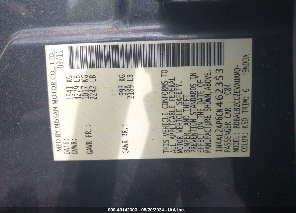 2012 NISSAN ALTIMA 2.5 S VIN: 1N4AL2AP6CN462353