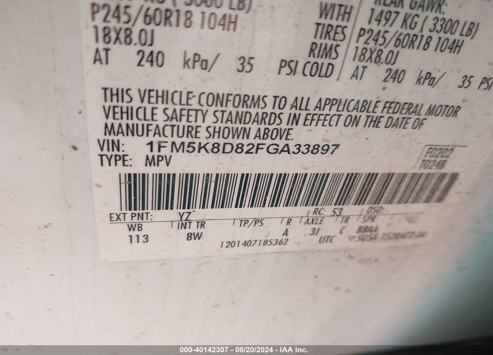 2015 FORD EXPLORER VIN: 1FM5K8D82FGA33897