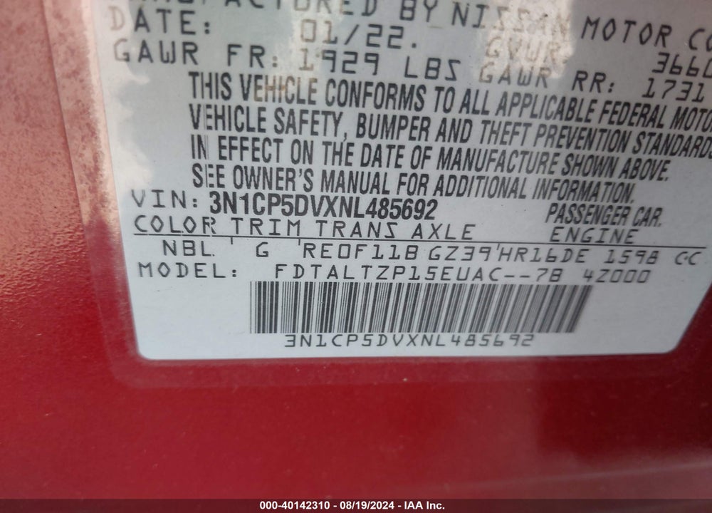 2022 NISSAN KICKS SR XTRONIC CVT VIN: 3N1CP5DVXNL485692