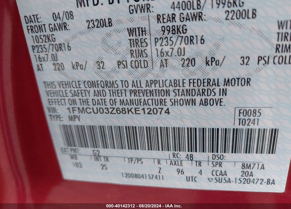 2008 FORD ESCAPE XLT VIN: 1FMCU03Z68KE12074