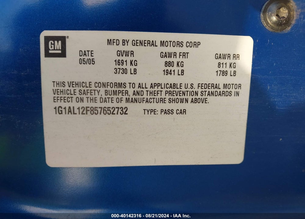 2005 CHEVROLET COBALT LS VIN: 1G1AL12F857652732