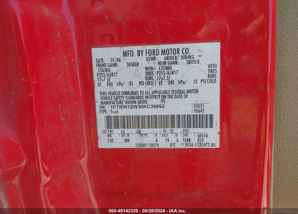 2006 FORD F-150 XLT VIN: 1FTRW12W36KC39892