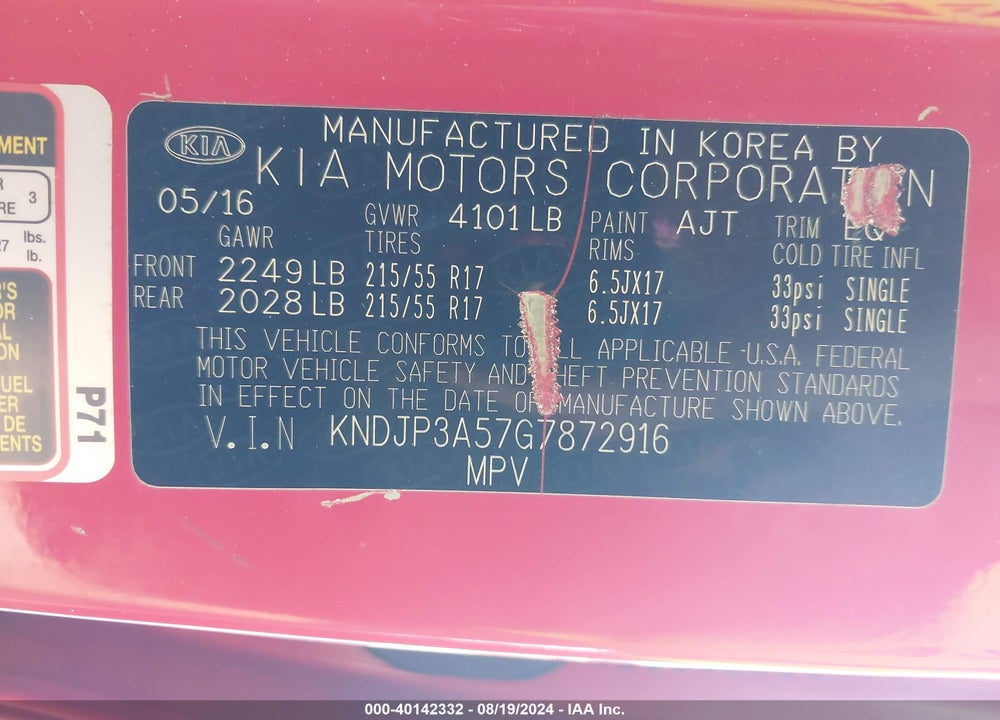 2016 KIA SOUL VIN: KNDJP3A57G7872916