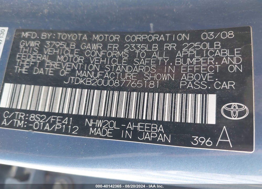 2008 TOYOTA PRIUS VIN: JTDKB20U087765181