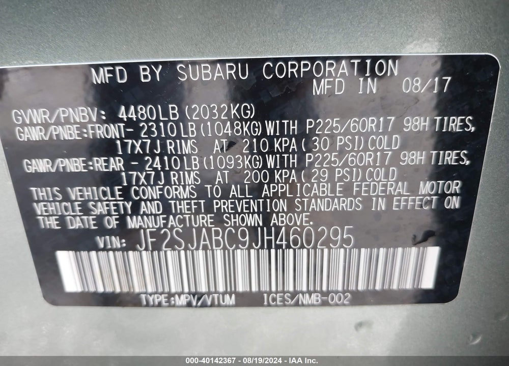 2018 SUBARU FORESTER 2.5I VIN: JF2SJABC9JH460295