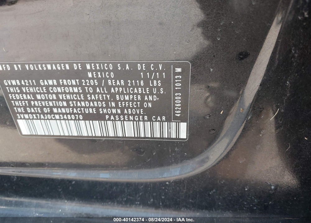 2012 VOLKSWAGEN JETTA 2.5L SE VIN: 3VWDX7AJ0CM348070