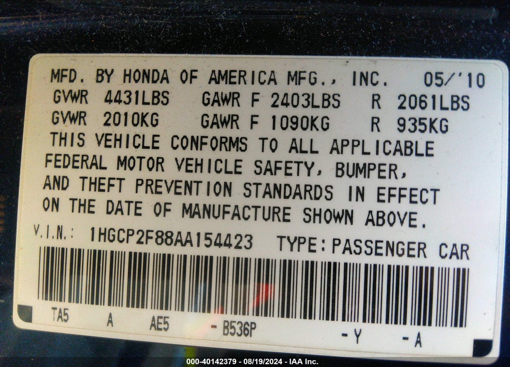 2010 HONDA ACCORD 2.4 EX-L VIN: 1HGCP2F88AA154423