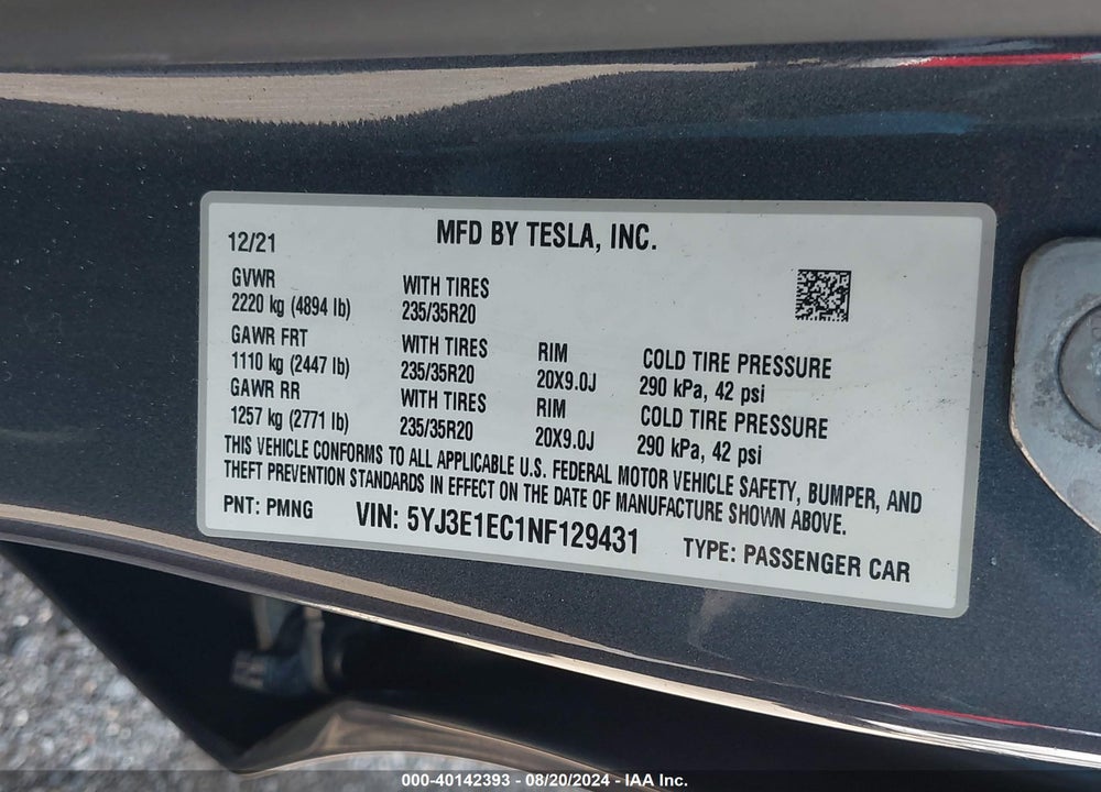 2022 TESLA MODEL 3 PERFORMANCE DUAL MOTOR ALL-WHEEL DRIVE VIN: 5YJ3E1EC1NF129431