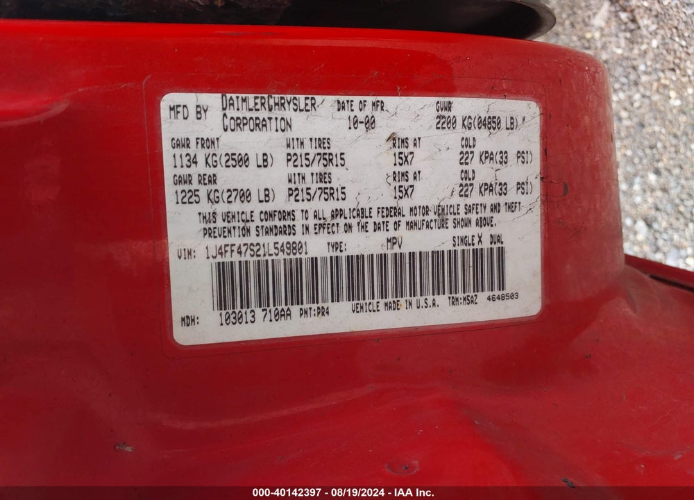2001 JEEP CHEROKEE SPORT VIN: 1J4FF47S21L549801