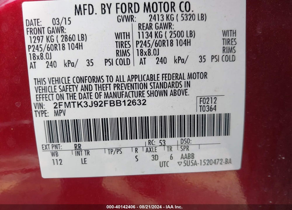 2015 FORD EDGE SEL VIN: 2FMTK3J92FBB12632