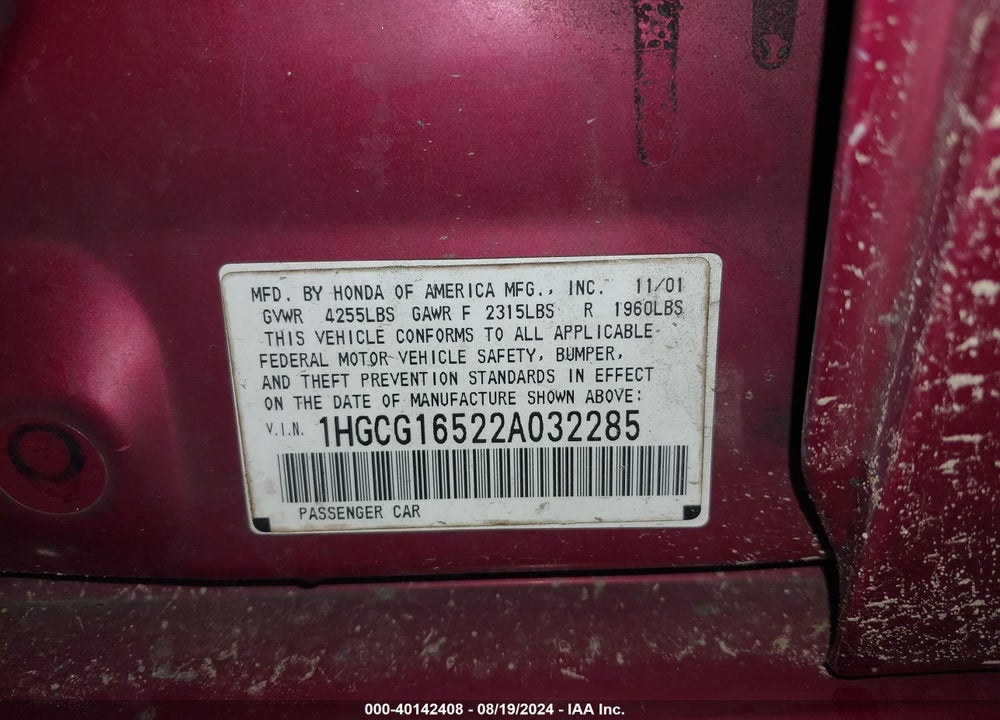 2002 HONDA ACCORD 3.0 EX VIN: 1HGCG16522A032285