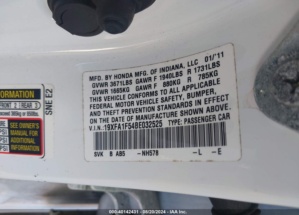 2011 HONDA CIVIC LX VIN: 19XFA1F54BE032525