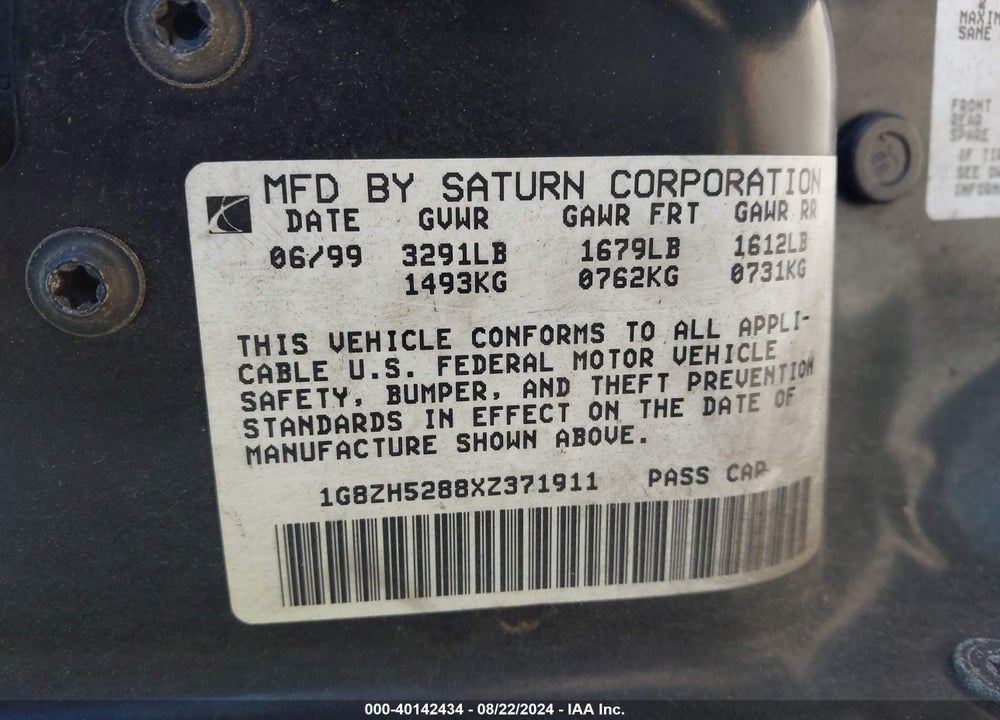 1999 SATURN SL1 VIN: 1G8ZH5288XZ371911