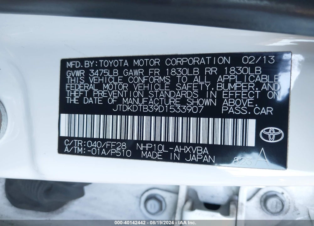 2013 TOYOTA PRIUS C TWO VIN: JTDKDTB39D1533907