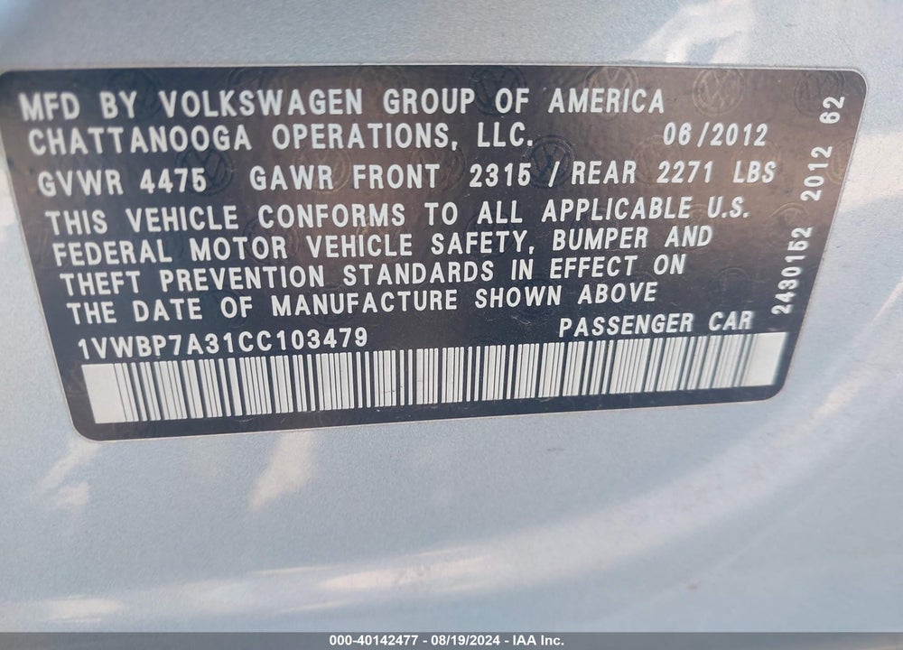 2012 VOLKSWAGEN PASSAT 2.5L SE VIN: 1VWBP7A31CC103479