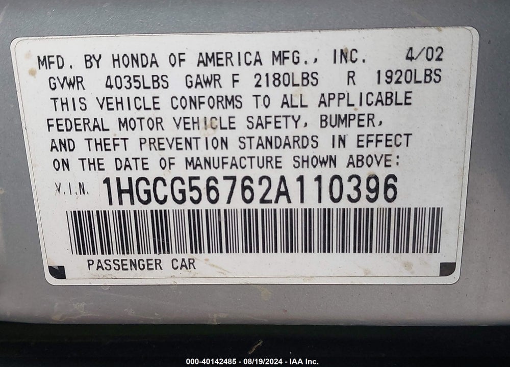 2002 HONDA ACCORD 2.3 SE VIN: 1HGCG56762A110396