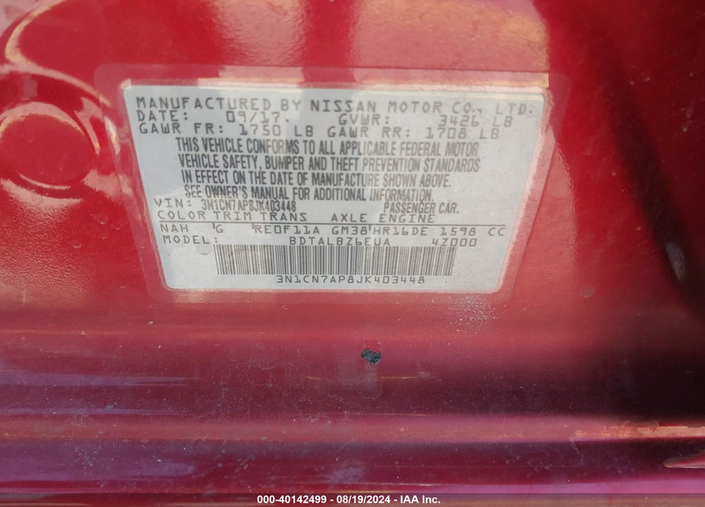 2018 NISSAN VERSA 1.6 SV VIN: 3N1CN7AP8JK403448