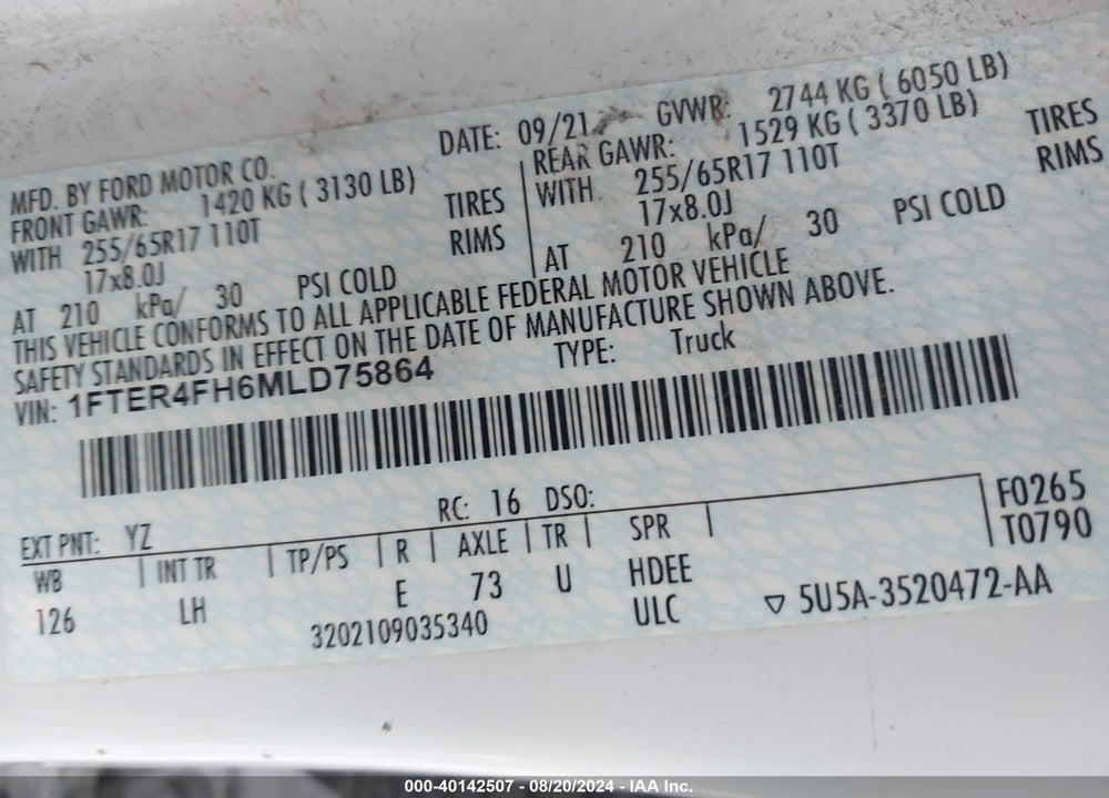2021 FORD RANGER XL VIN: 1FTER4FH6MLD75864