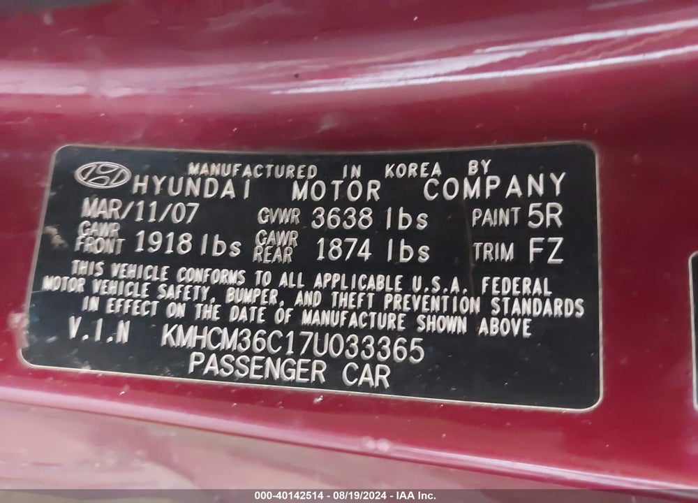 2007 HYUNDAI ACCENT GS VIN: KMHCM36C17U033365
