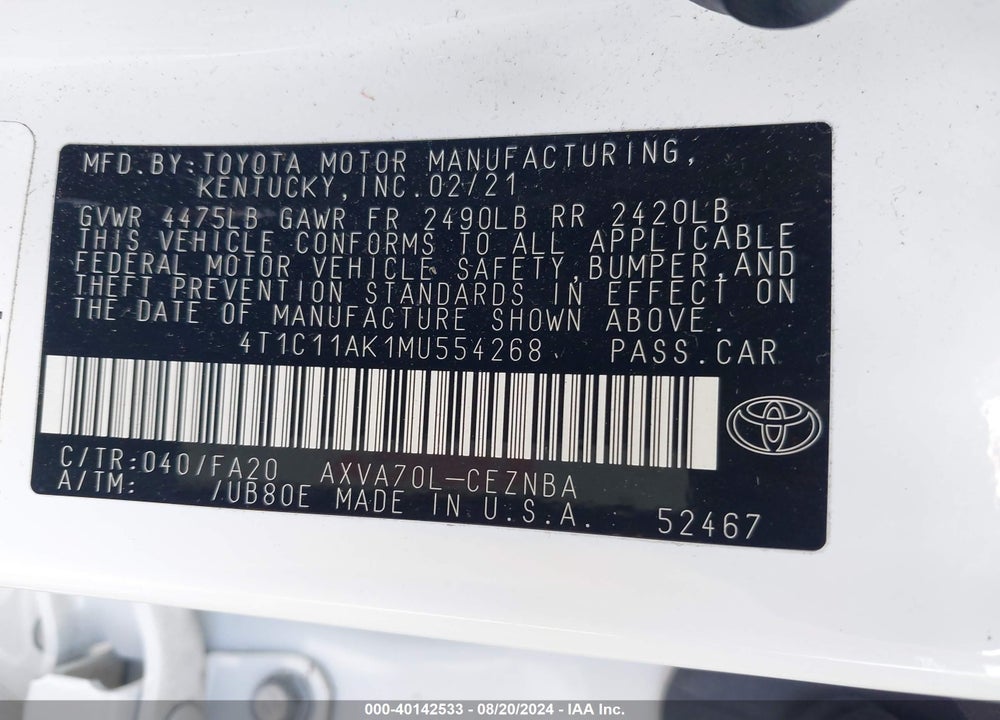 2021 TOYOTA CAMRY LE VIN: 4T1C11AK1MU554268