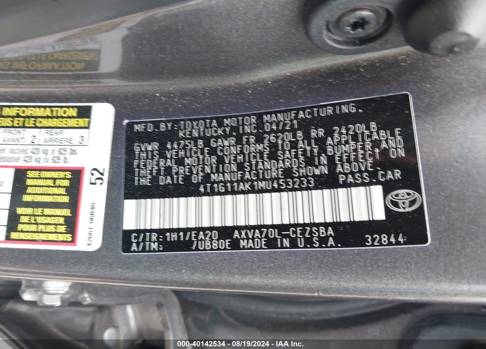 2021 TOYOTA CAMRY SE VIN: 4T1G11AK1MU453233