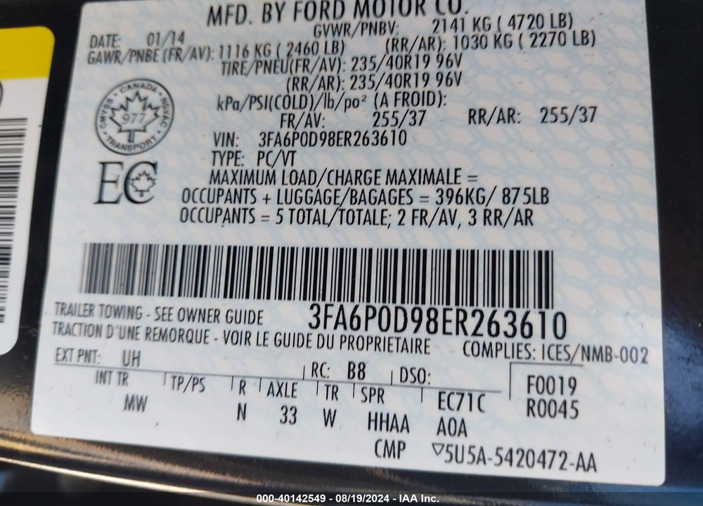 2014 FORD FUSION TITANIUM VIN: 3FA6P0D98ER263610