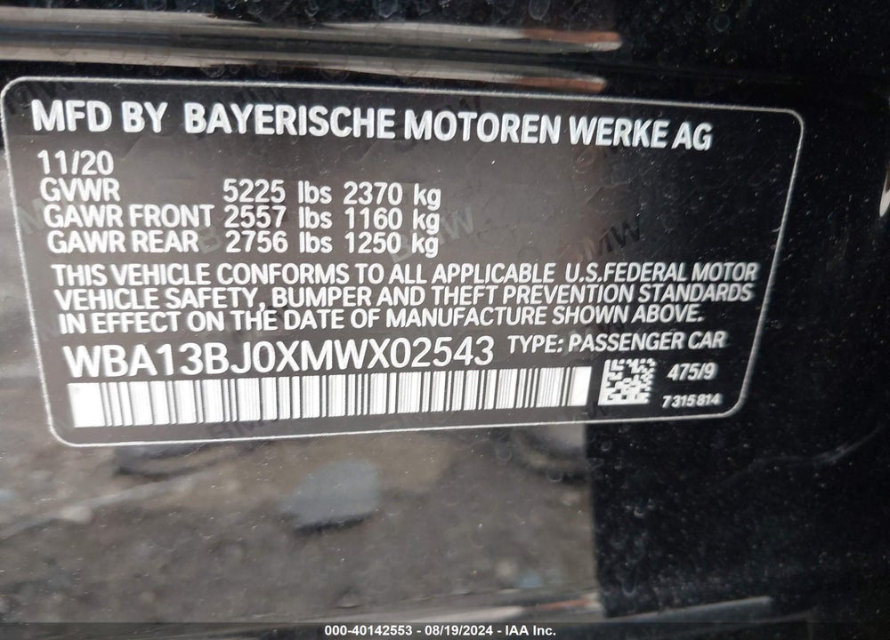2021 BMW 530I XDRIVE VIN: WBA13BJ0XMWX02543