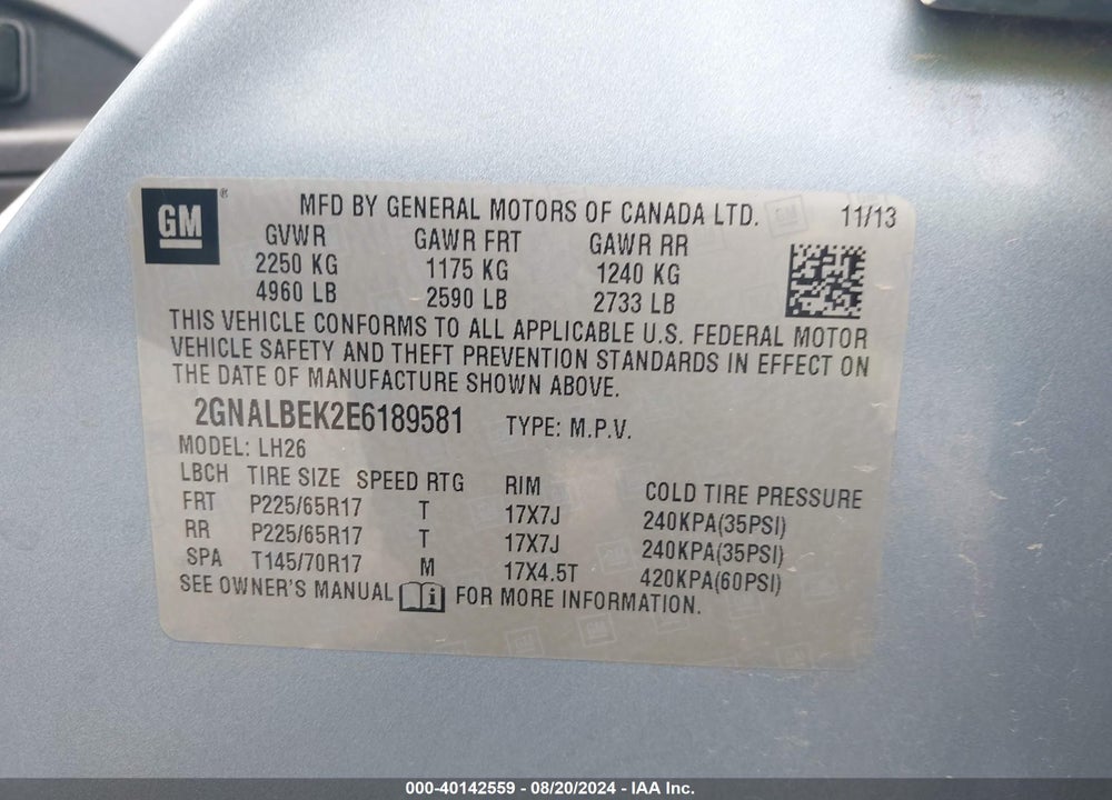 2014 CHEVROLET EQUINOX 1LT VIN: 2GNALBEK2E6189581