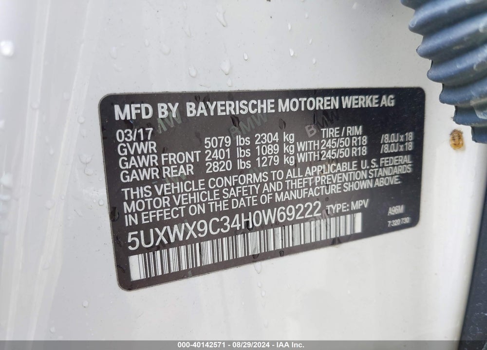2017 BMW X3 XDRIVE28I VIN: 5UXWX9C34H0W69222