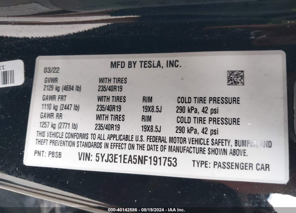 2022 TESLA MODEL 3 VIN: 5YJ3E1EA5NF191753