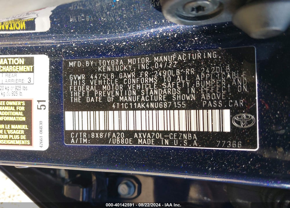 2022 TOYOTA CAMRY LE VIN: 4T1C11AK4NU687155