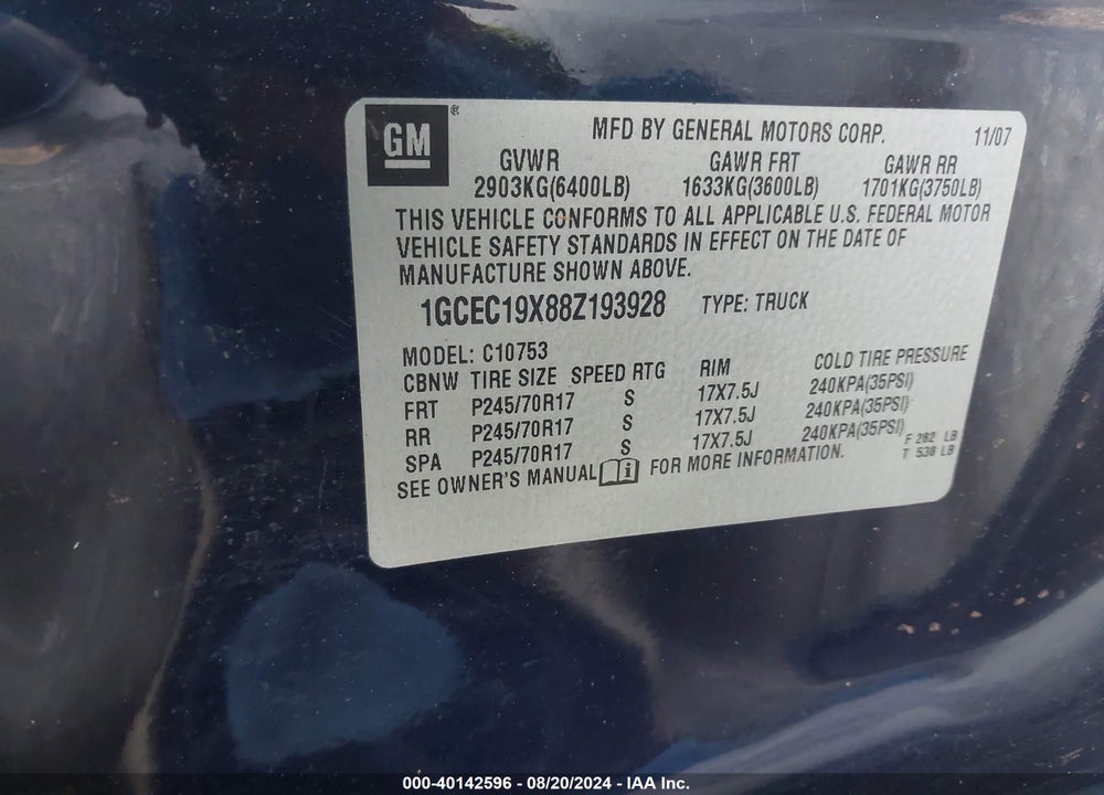 2008 CHEVROLET SILVERADO 1500 WORK TRUCK VIN: 1GCEC19X88Z193928
