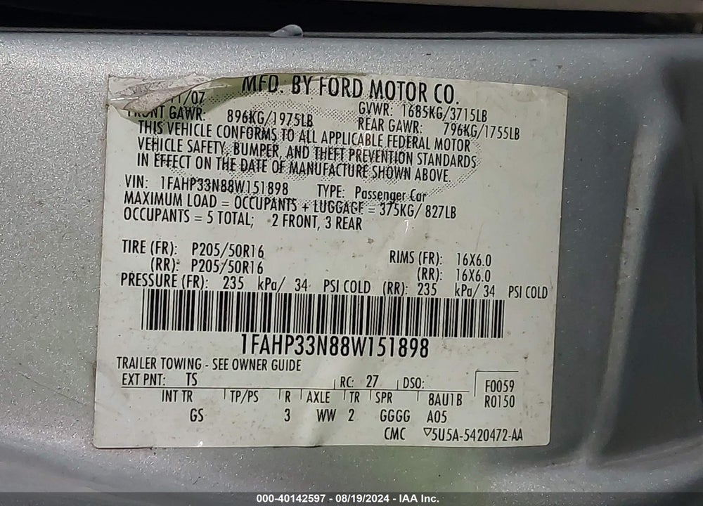 2008 FORD FOCUS VIN: 1FAHP33N88W151898