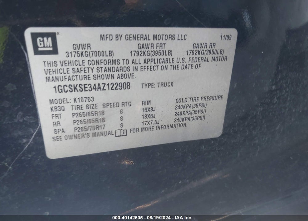 2010 CHEVROLET SILVERADO 1500 LT VIN: 1GCSKSE34AZ122908